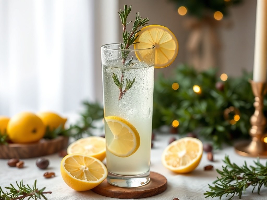 A refreshing Rosemary Lemonade Spritzer in a glass, garnished with lemon slices and rosemary sprigs.