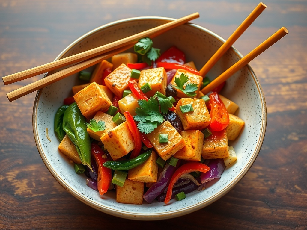 A bowl of spicy tofu stir-fry with colorful vegetables and chopsticks.