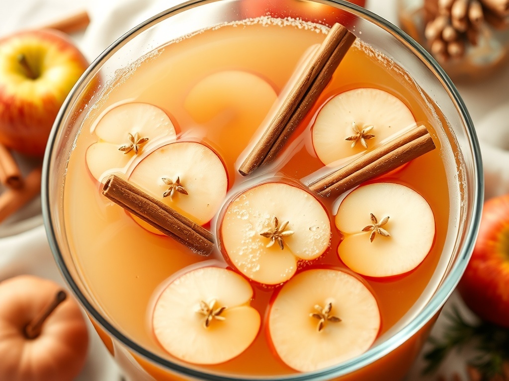 A bowl of sparkling apple cider punch with apple slices and cinnamon sticks.