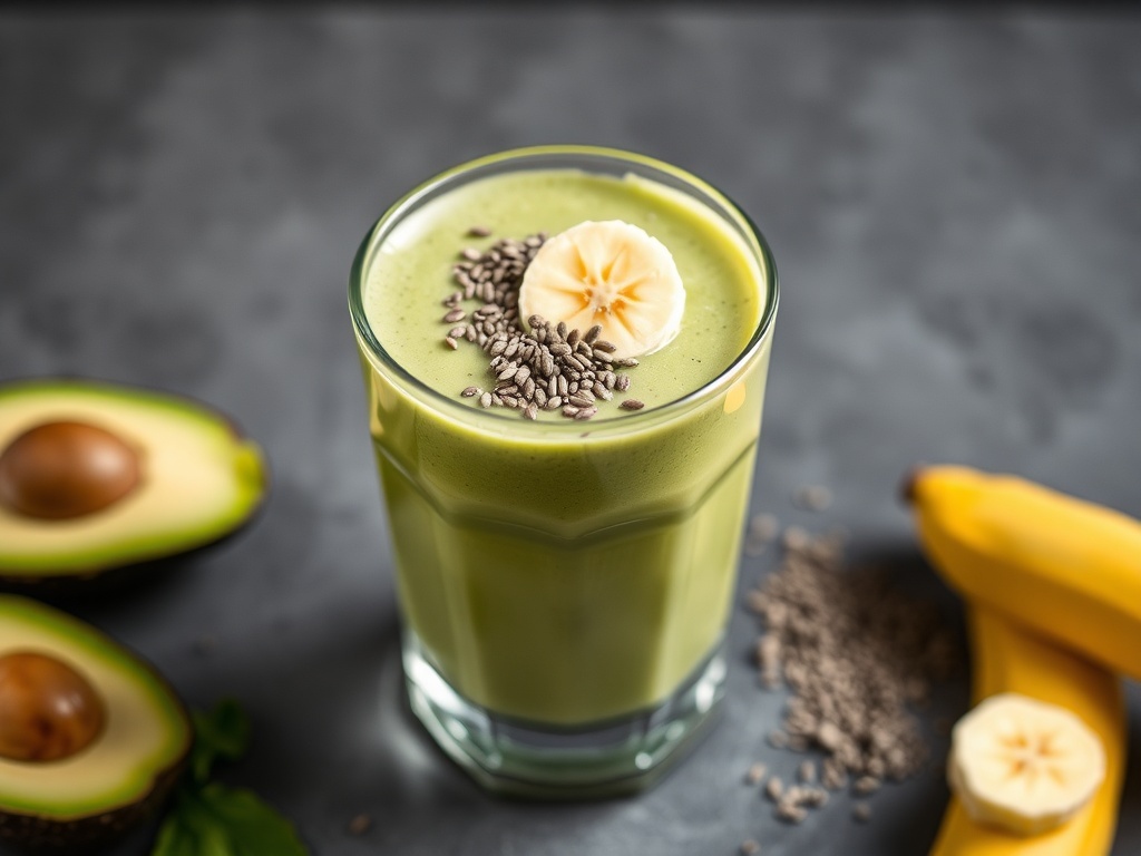 A glass of creamy avocado and banana smoothie topped with banana slices and chia seeds, with avocados and bananas beside it.