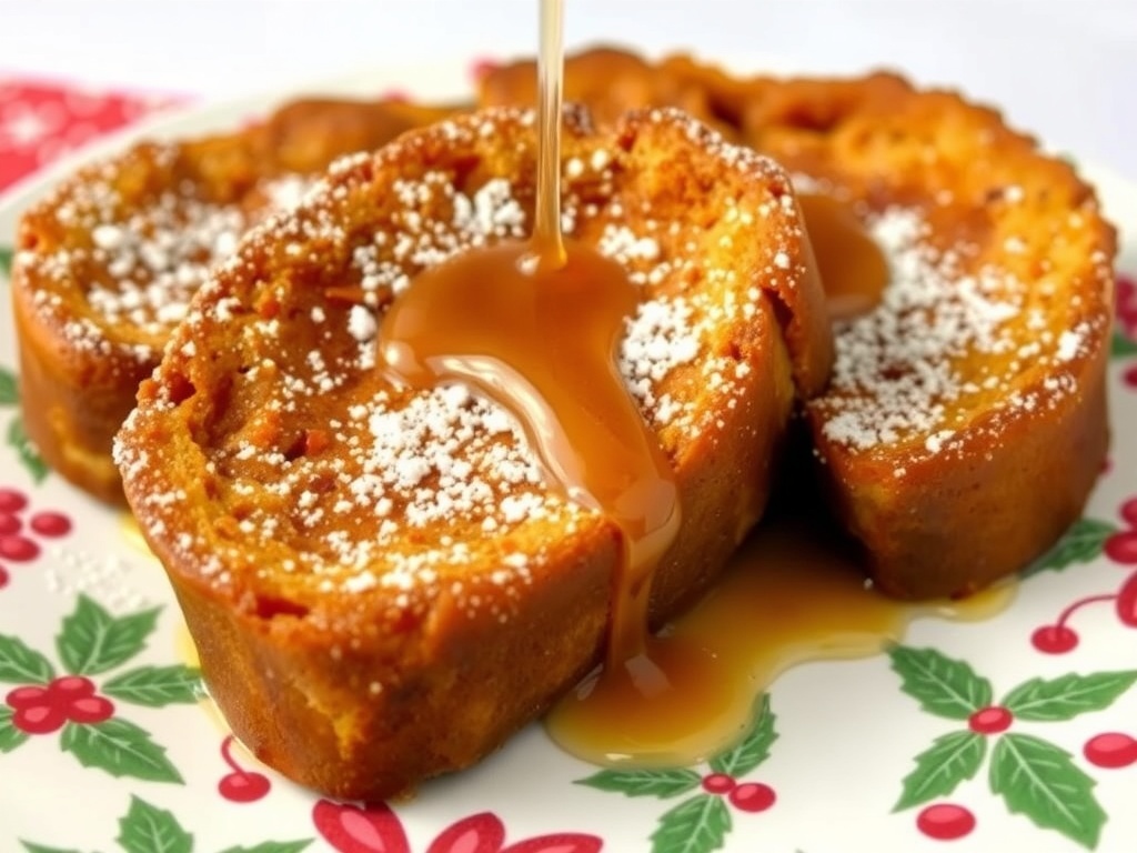 A plate of gingerbread French toast topped with syrup and powdered sugar.
