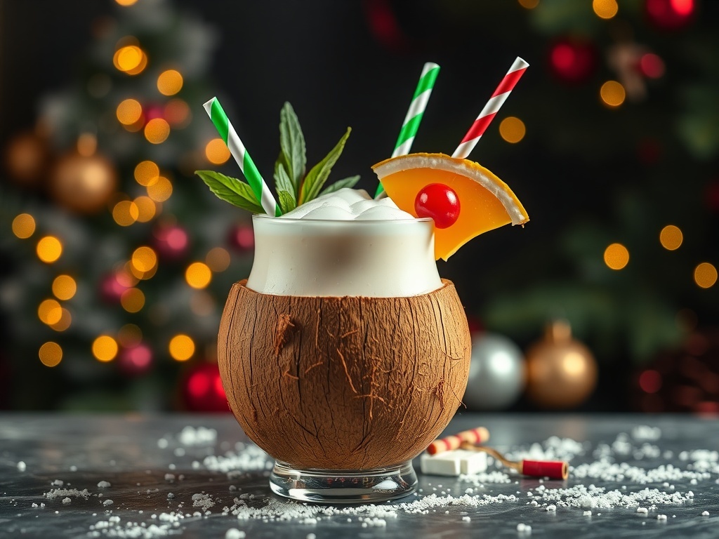 A refreshing coconut cream mocktail served in a coconut cup with colorful straws and fruit garnishes.
