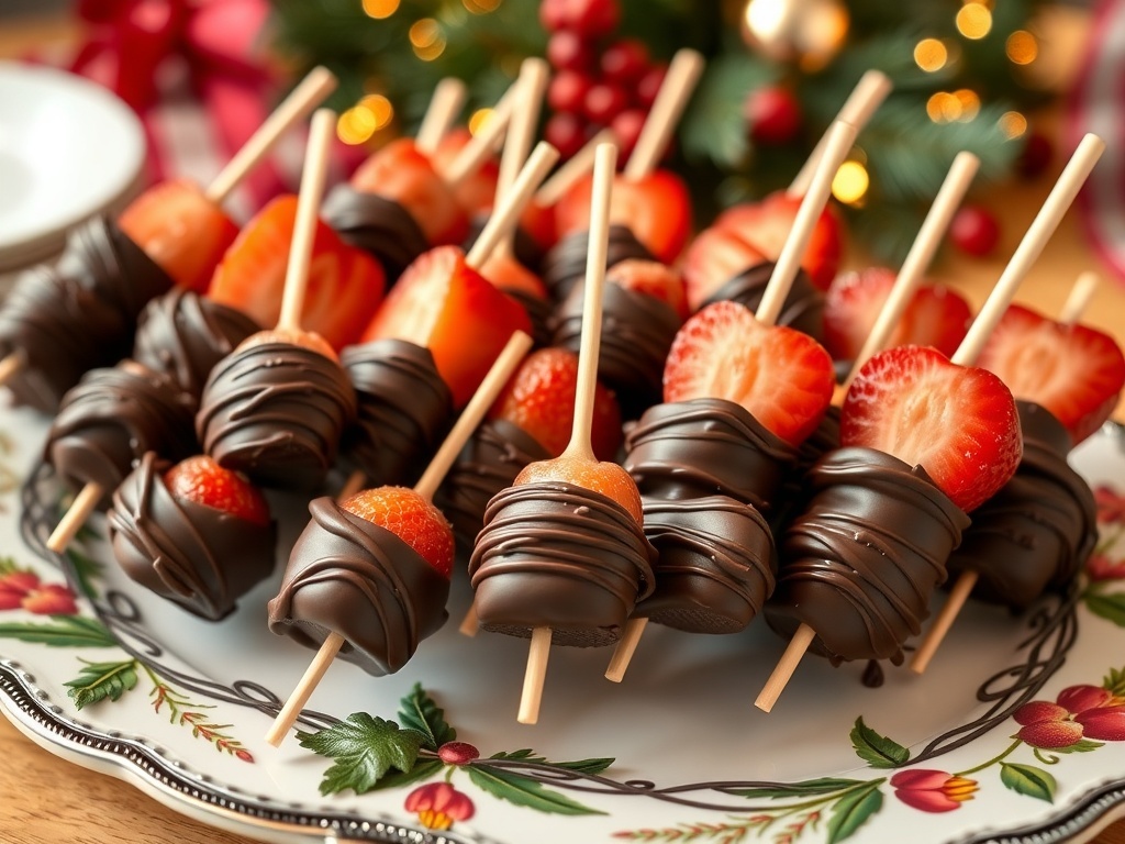Chocolate-dipped fruit skewers with strawberries and a festive background