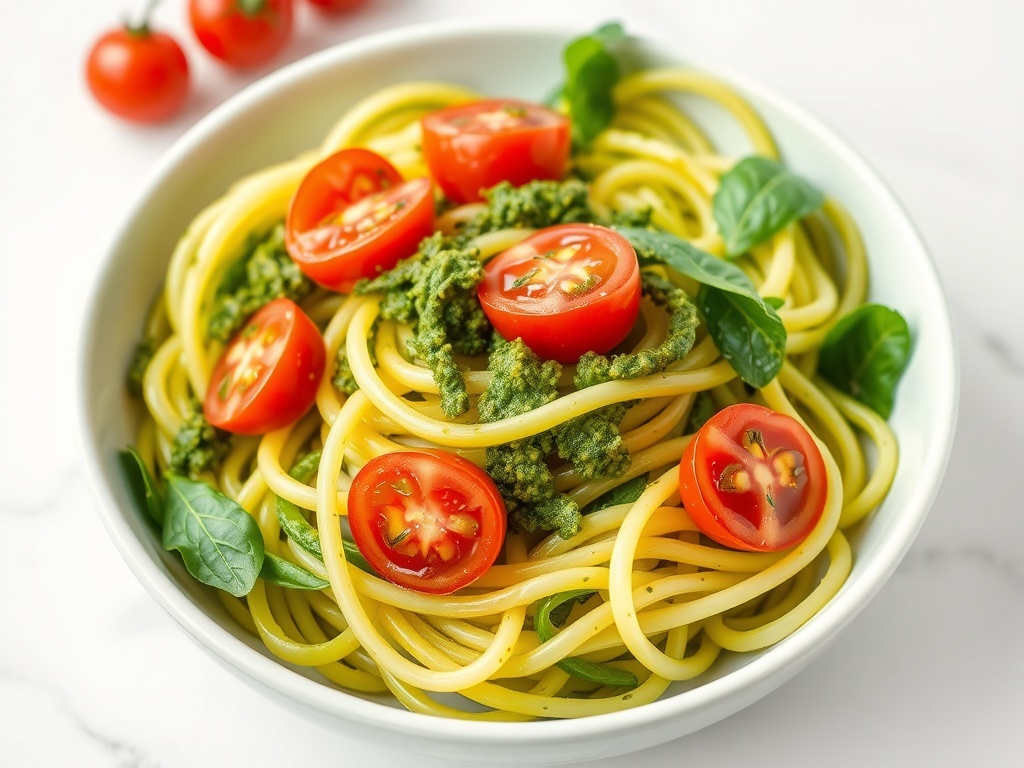 A bowl of zucchini noodles topped with pesto and cherry tomatoes.