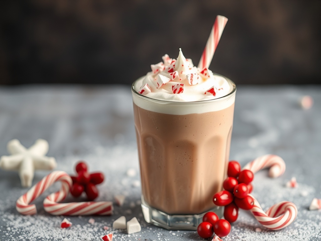 A glass of peppermint hot chocolate smoothie topped with whipped cream and crushed peppermint candies.