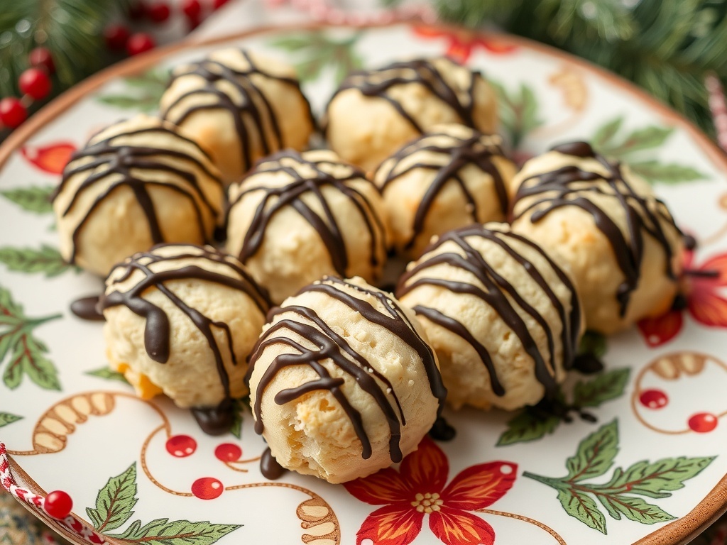 Coconut macaroons drizzled with dark chocolate on a festive plate.