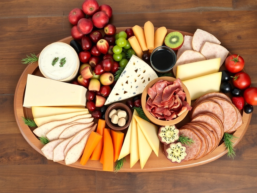 A beautifully arranged charcuterie board featuring various cheeses, meats, seasonal fruits, and nuts.