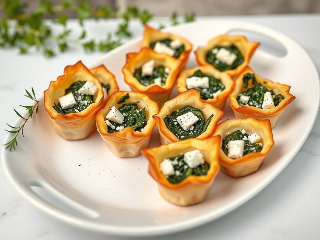 Savory puff pastry bites filled with spinach and feta on a white platter.