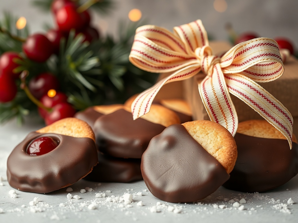 Chocolate dipped cherry cookies with a festive ribbon and holiday decorations