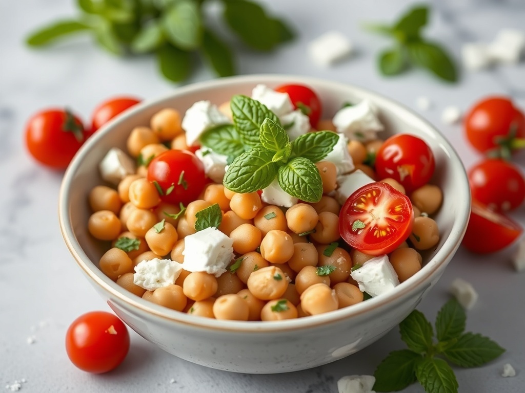 A bowl of chickpea salad with feta, mint, and cherry tomatoes.