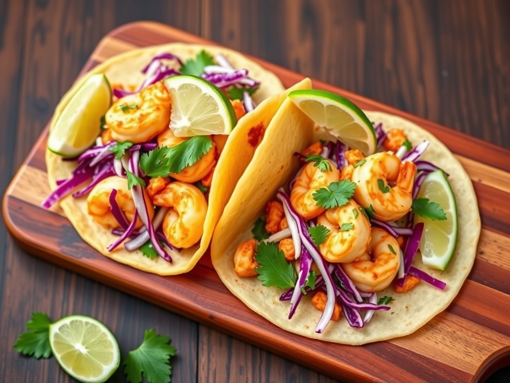 Spicy shrimp tacos with cabbage slaw and lime wedges on a wooden platter.