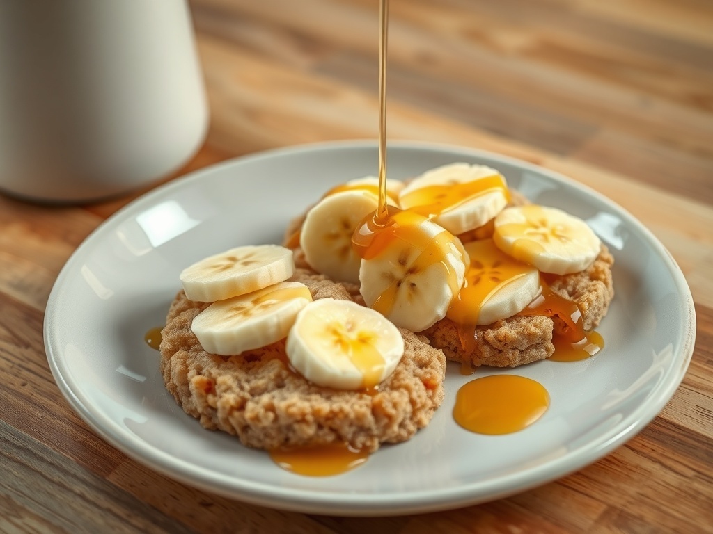 Rice cakes topped with banana slices and honey