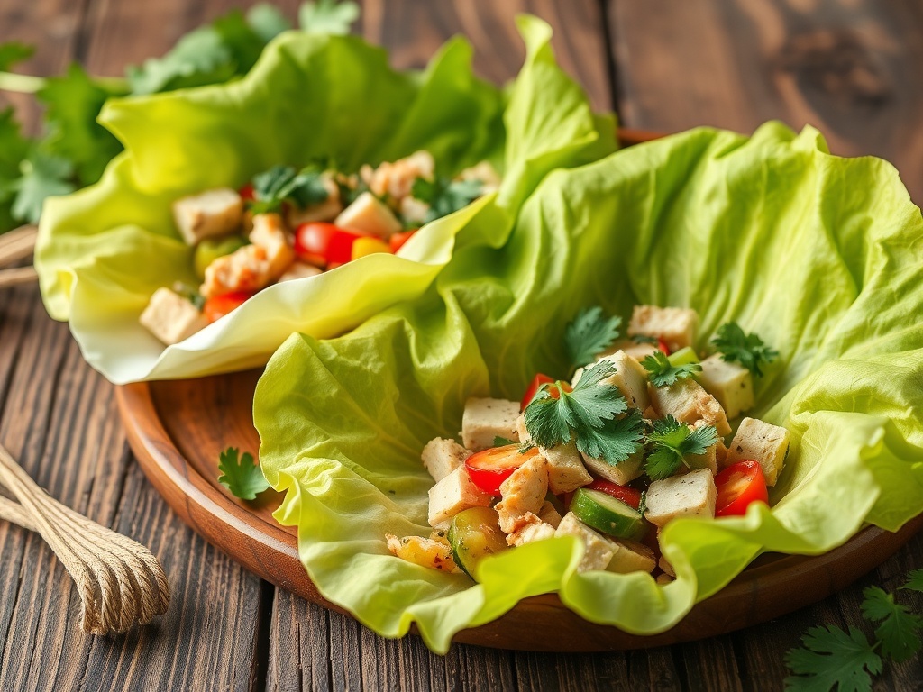 Herbed turkey lettuce wraps with fresh vegetables in lettuce leaves