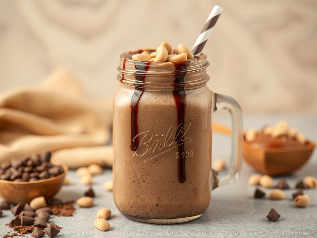 A delicious chocolate peanut butter smoothie topped with peanuts and chocolate drizzle.