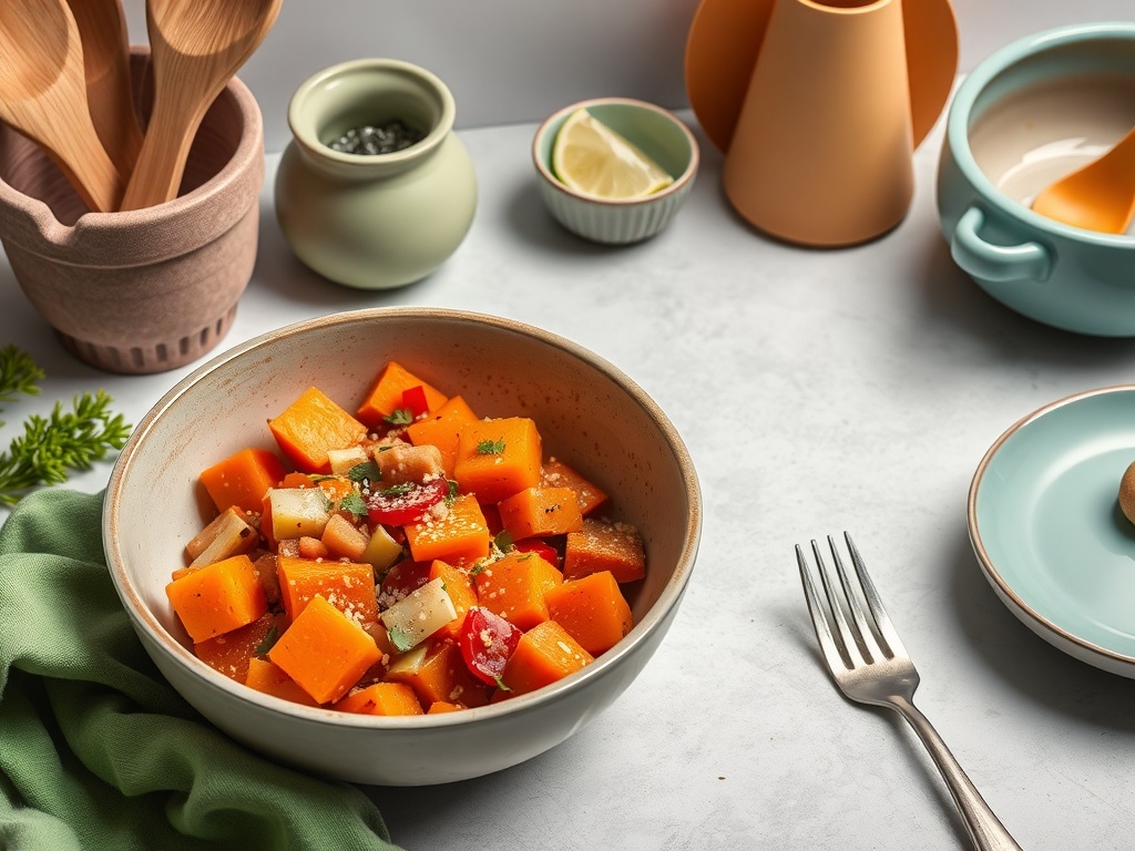 A bowl of colorful sweet potato hash with vegetables