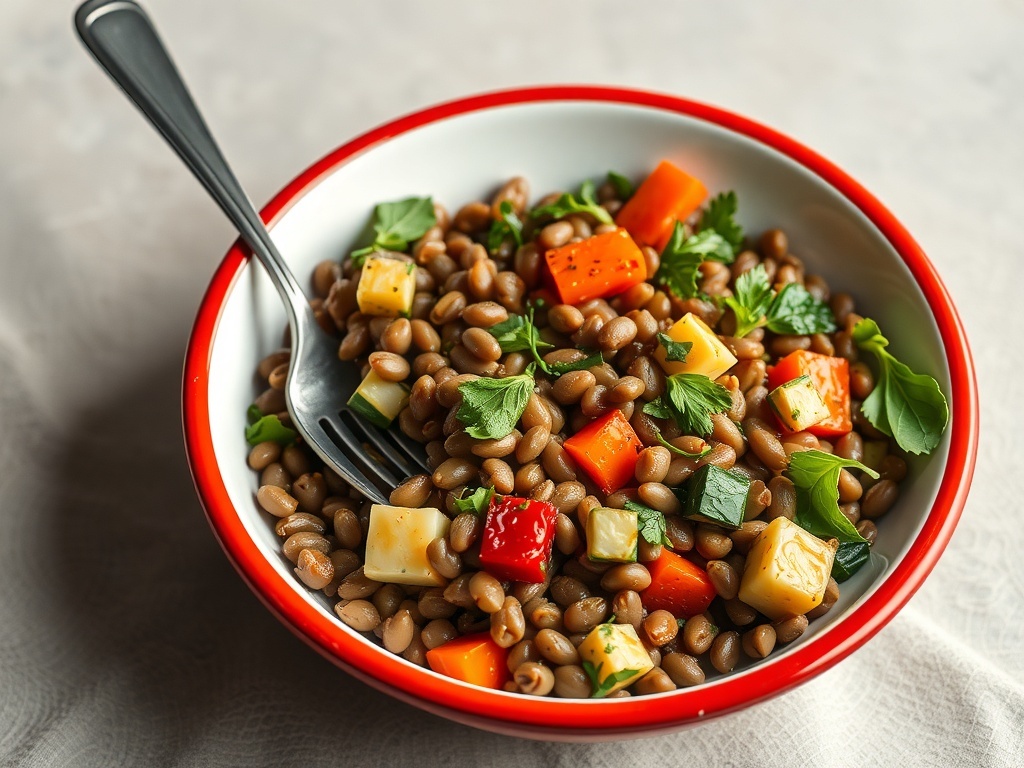 A colorful lentil and roasted vegetable salad in a bowl