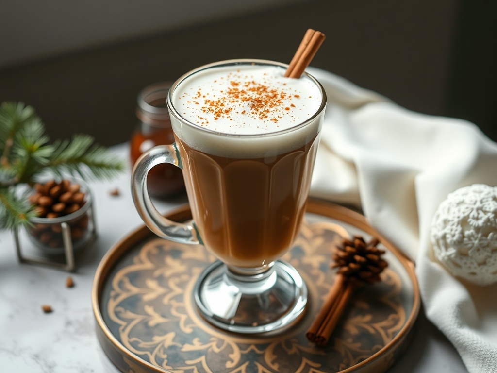 A glass of Vanilla Chai Fizz topped with whipped cream and garnished with a cinnamon stick.
