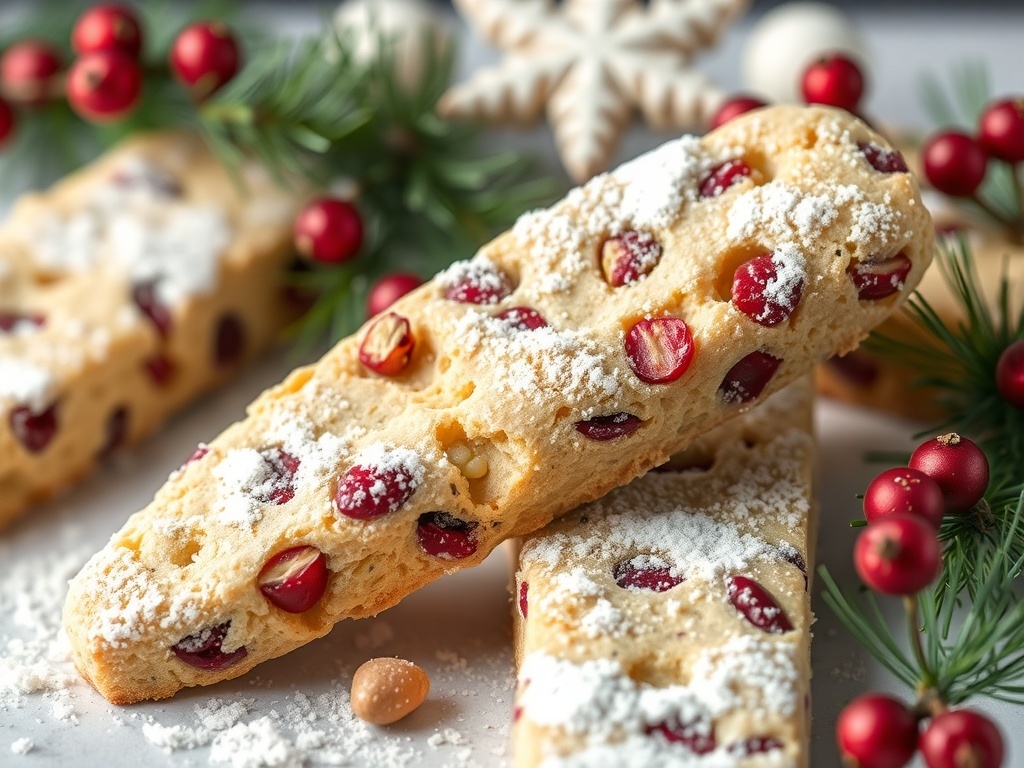 Cranberry pistachio biscotti with festive decorations