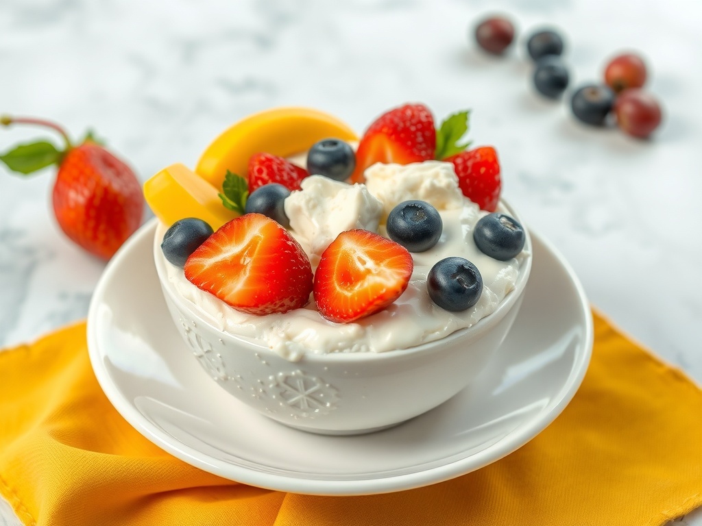 A bowl of cottage cheese topped with strawberries, blueberries, and banana slices.