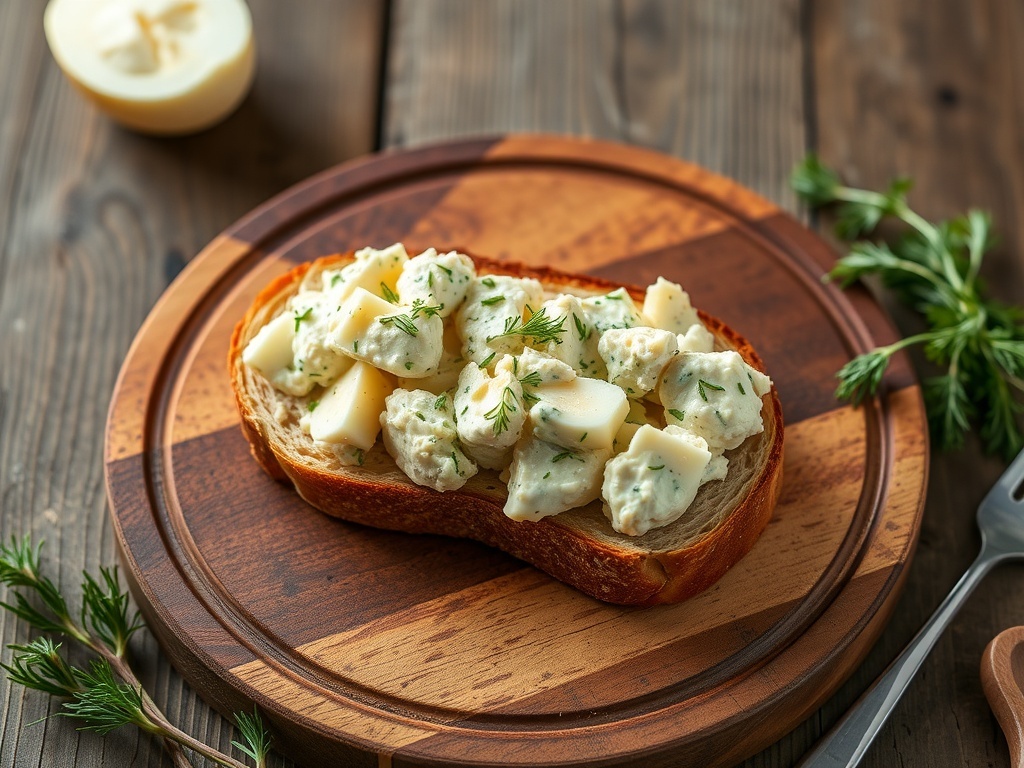 A delicious egg salad with dill on artisan bread, garnished with fresh herbs.