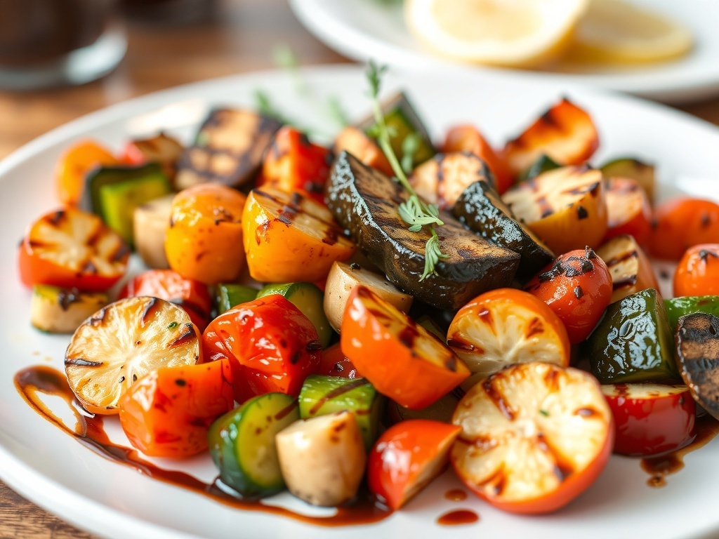 A colorful platter of grilled vegetables including zucchini, bell peppers, and eggplant, drizzled with balsamic glaze.