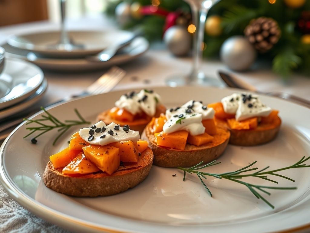 Spiced Sweet Potato Crostini with Goat Cheese on a plate, garnished with rosemary.