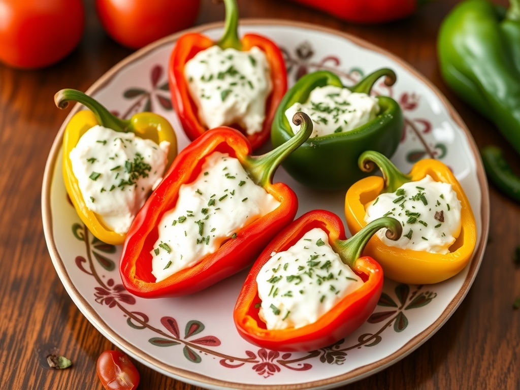 A plate of stuffed mini peppers filled with cream cheese and herbs, showcasing vibrant colors.