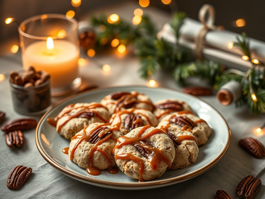 A plate of Salted Caramel Pecan Cookies with pecans and caramel drizzle, surrounded by festive decorations.