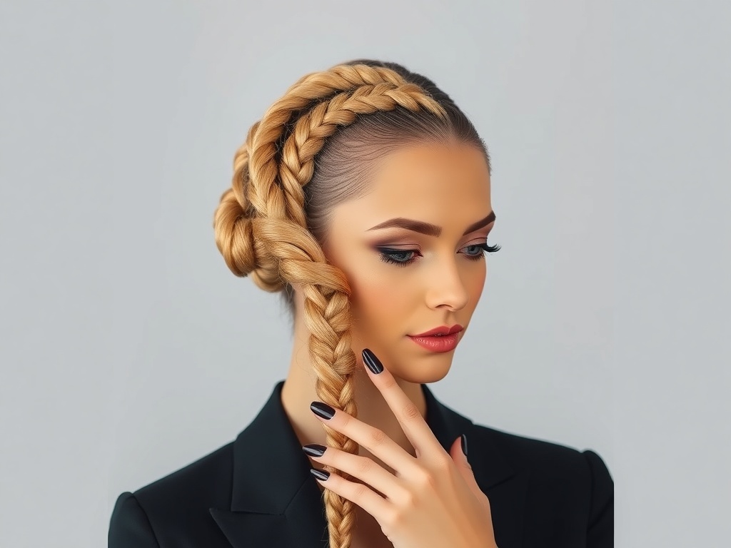 A model showcasing an elegant hairstyle with a cool braid, sexy eye makeup, pouty red lips, and coffin-style black and white polka dot nails.