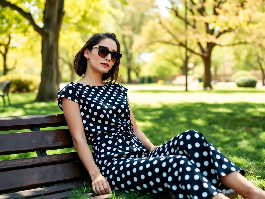A model wearing a polka dot jumpsuit and sunglasses, sitting on a bench in a park.