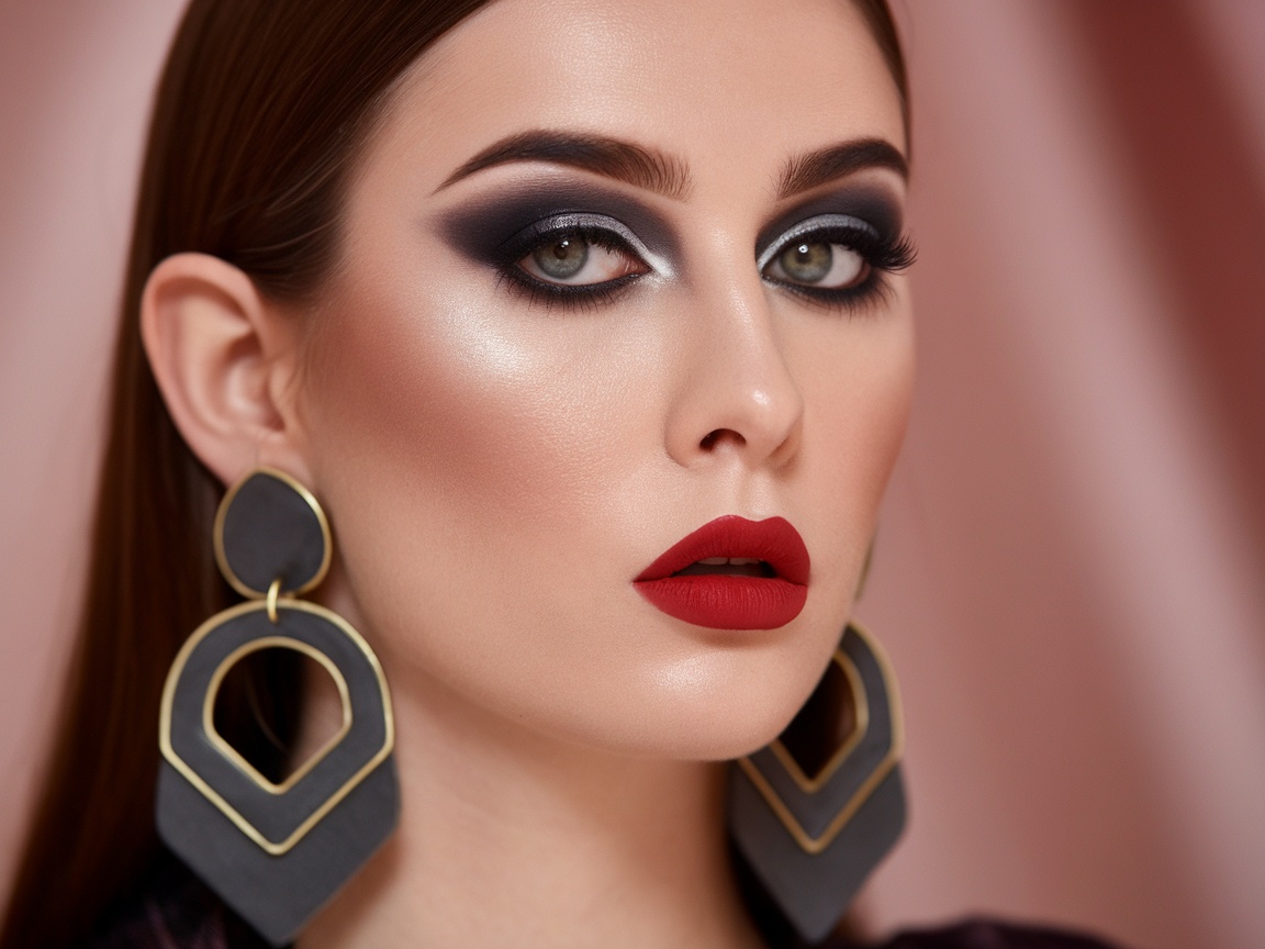 Close-up of a model with bold smoky eye makeup, red lips, and large earrings.