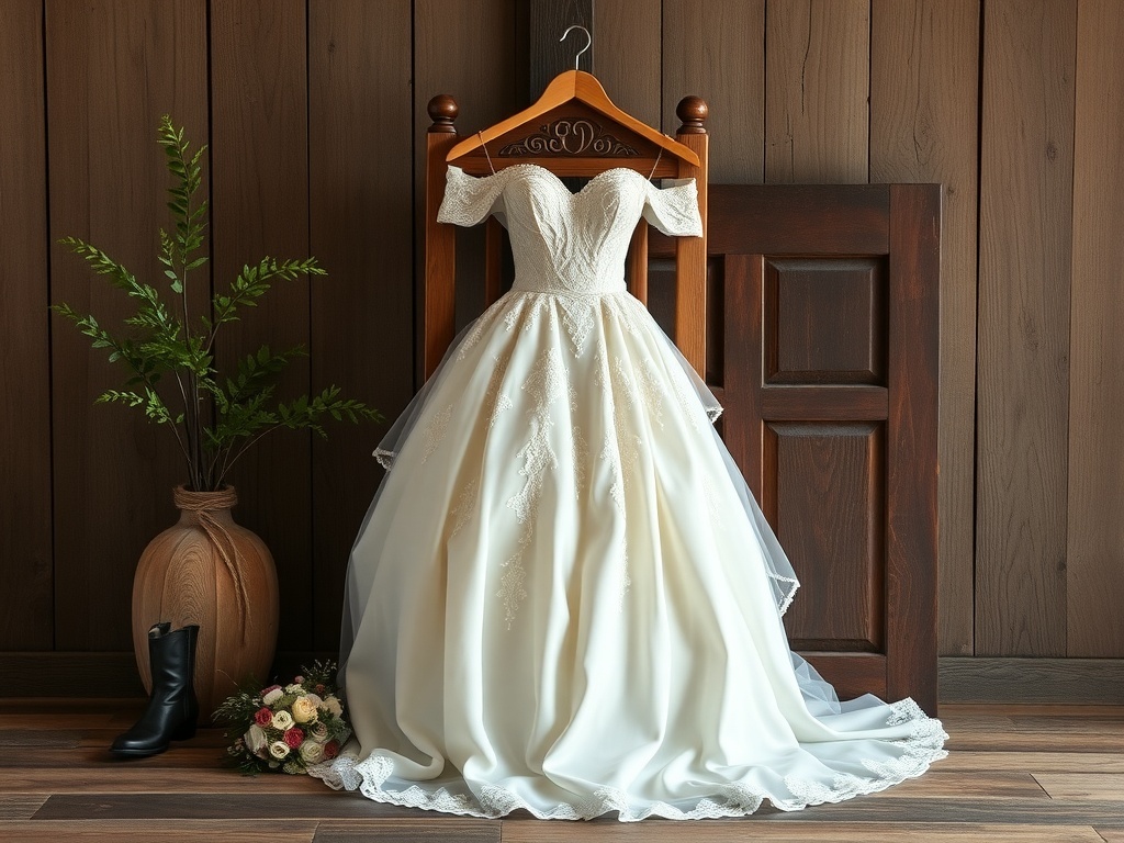 A classic off-the-shoulder bridal wedding dress displayed on a hanger.