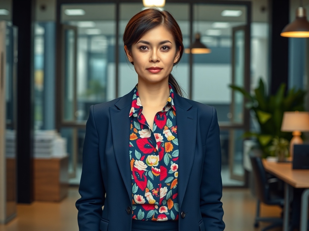 Navy blue women's business suit with a colorful printed blouse