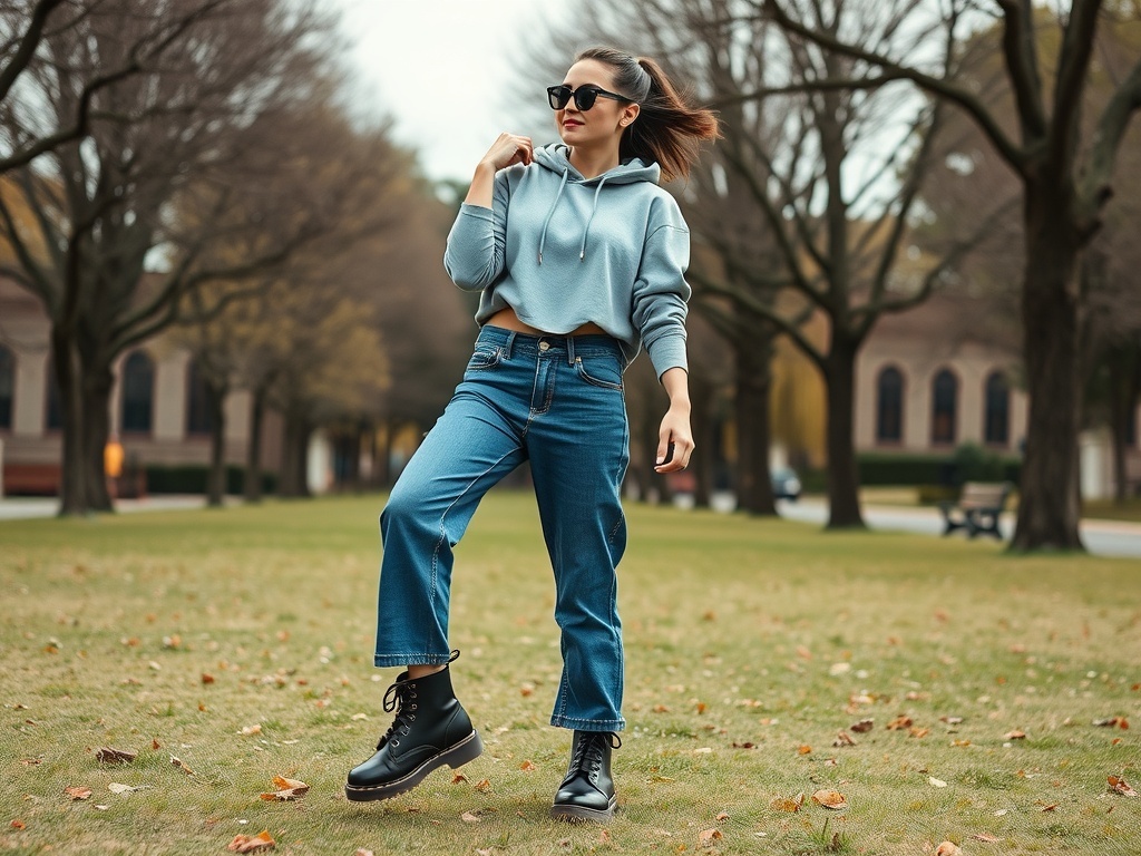 A model wearing a cropped hoodie and wide baggy jeans in an outdoor setting.