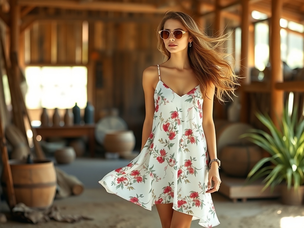 A model wearing a bohemian inspired floral slip dress with sunglasses.