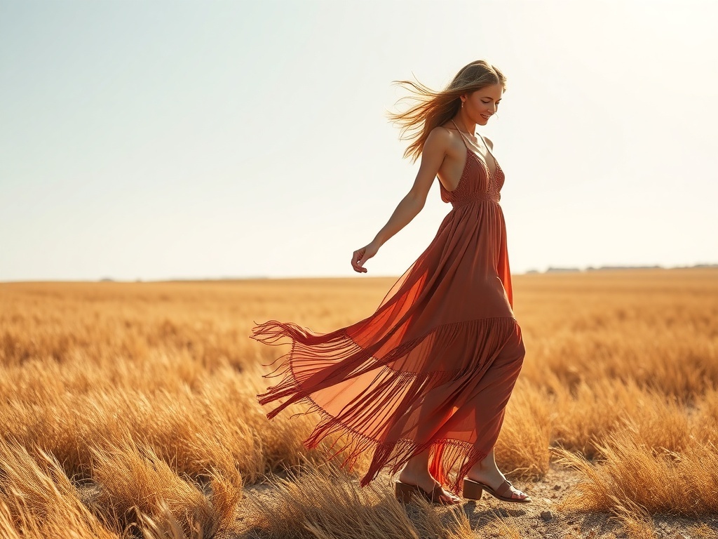 A model twirling in a fringe-accented maxi dress in a field during sunset.