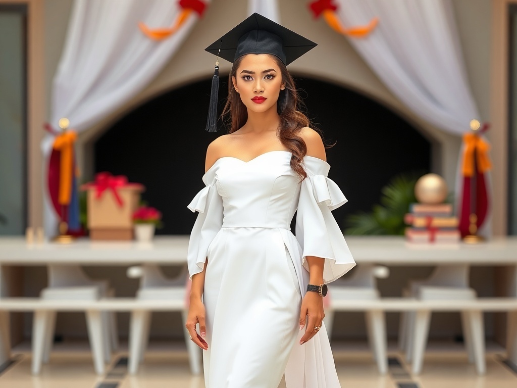 A model in a chic off-shoulder white graduation gown with a black graduation hat, showcasing elegant hair and jewelry.