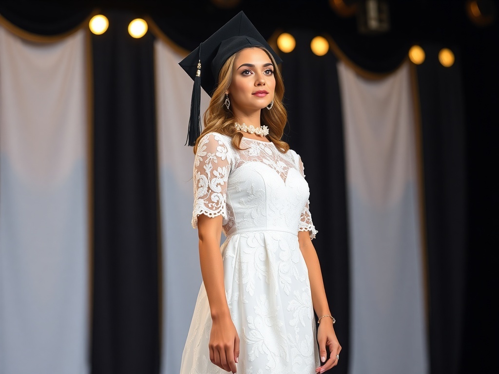 A model wearing an elegant A-line lace graduation dress with a black graduation cap on stage.