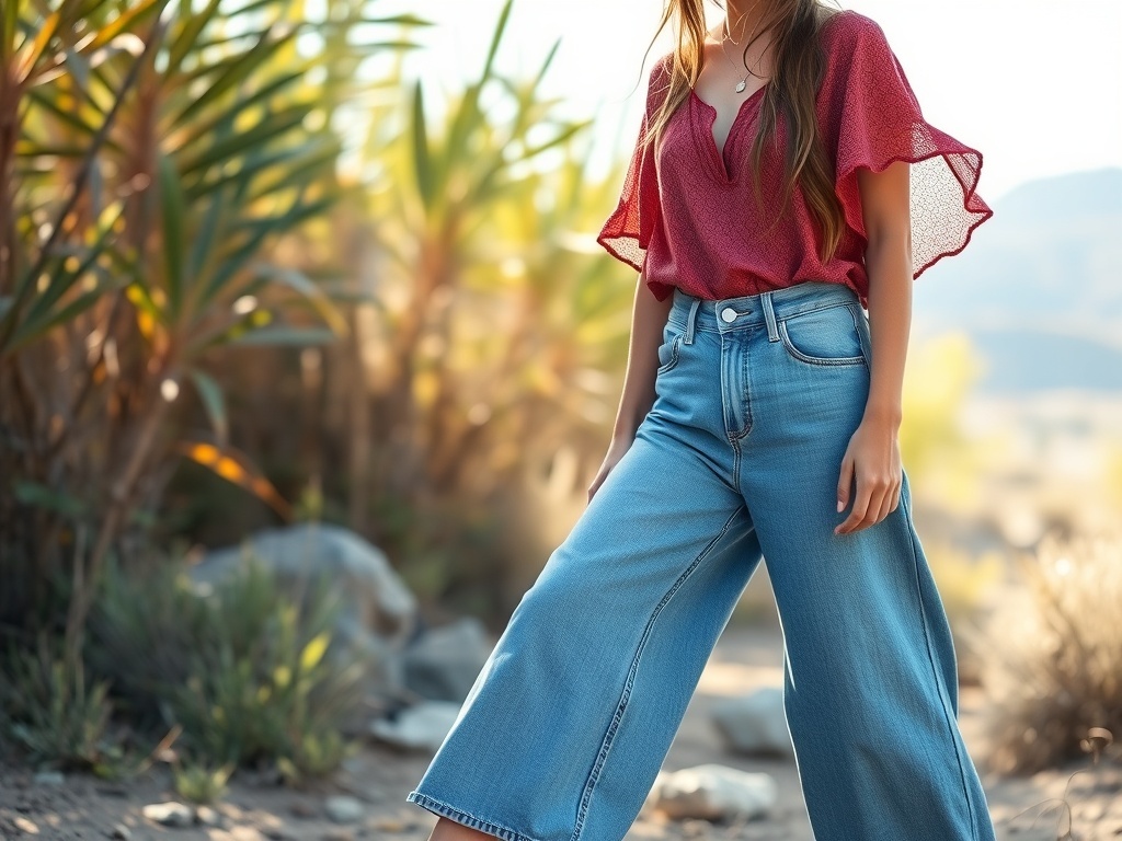 A model wearing wide baggy jeans and a flowing red top, surrounded by greenery.