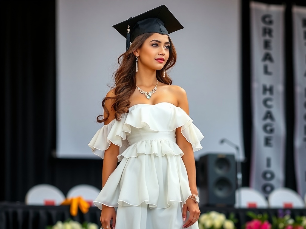 A model in a romantic tiered ruffle dress, wearing a graduation cap, with styled hair and jewelry, standing on a stage.