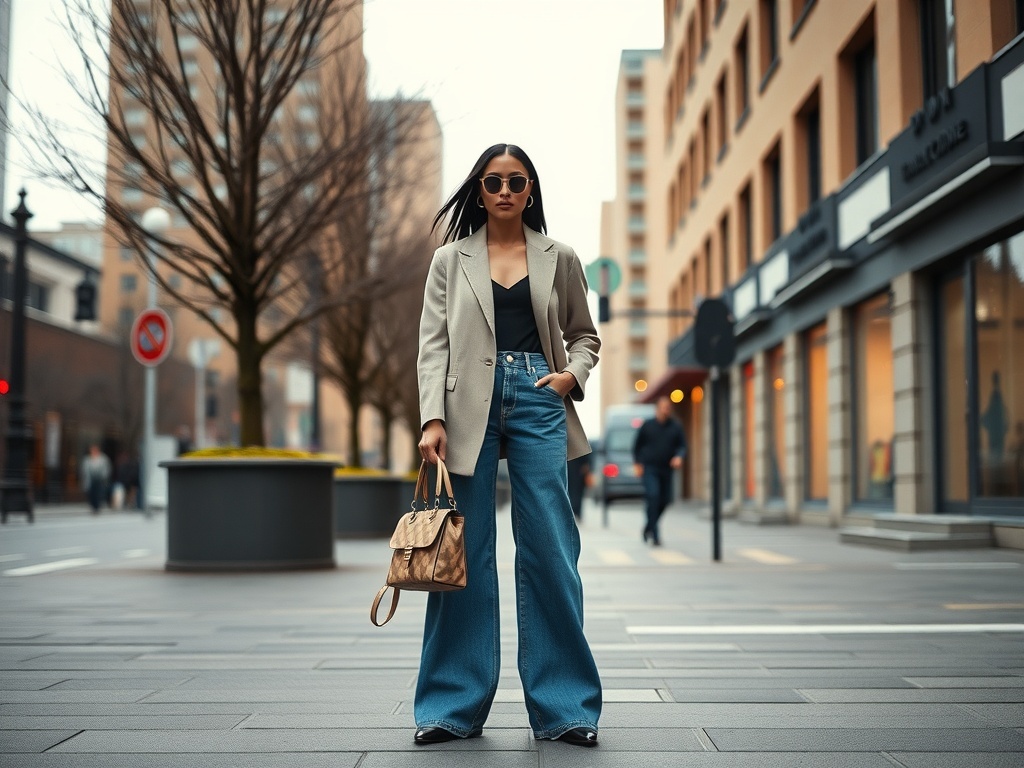 A fashion model wearing wide baggy jeans and an oversized blazer, standing on a city street.