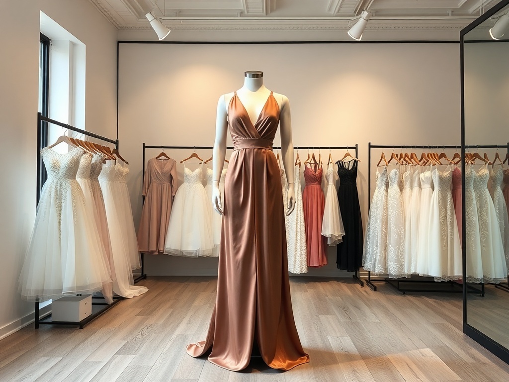 A modern silk jumpsuit displayed in a bridal shop, surrounded by various wedding dresses.