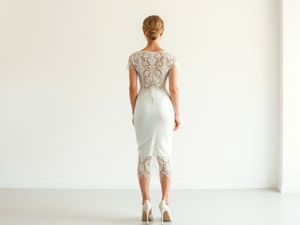 A model wearing a classic white lace overlay dress with matching heels.
