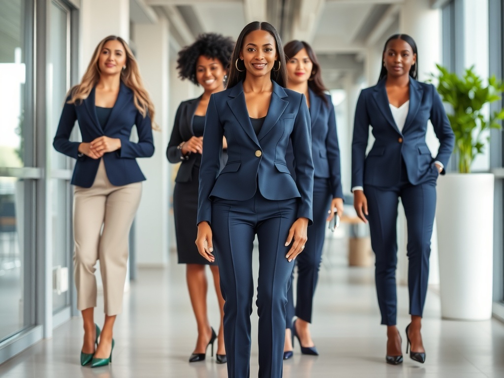 Group of professional women wearing navy blue business suits with peplum tops.