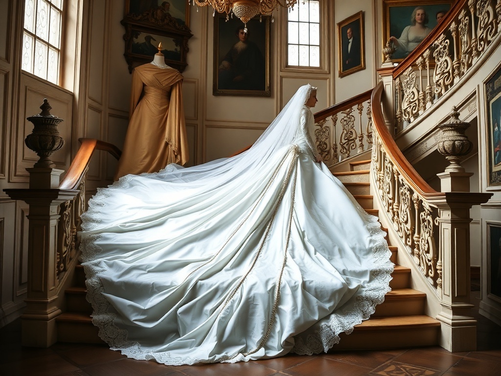 A bride in a stunning white gown with a long train, standing on a staircase.