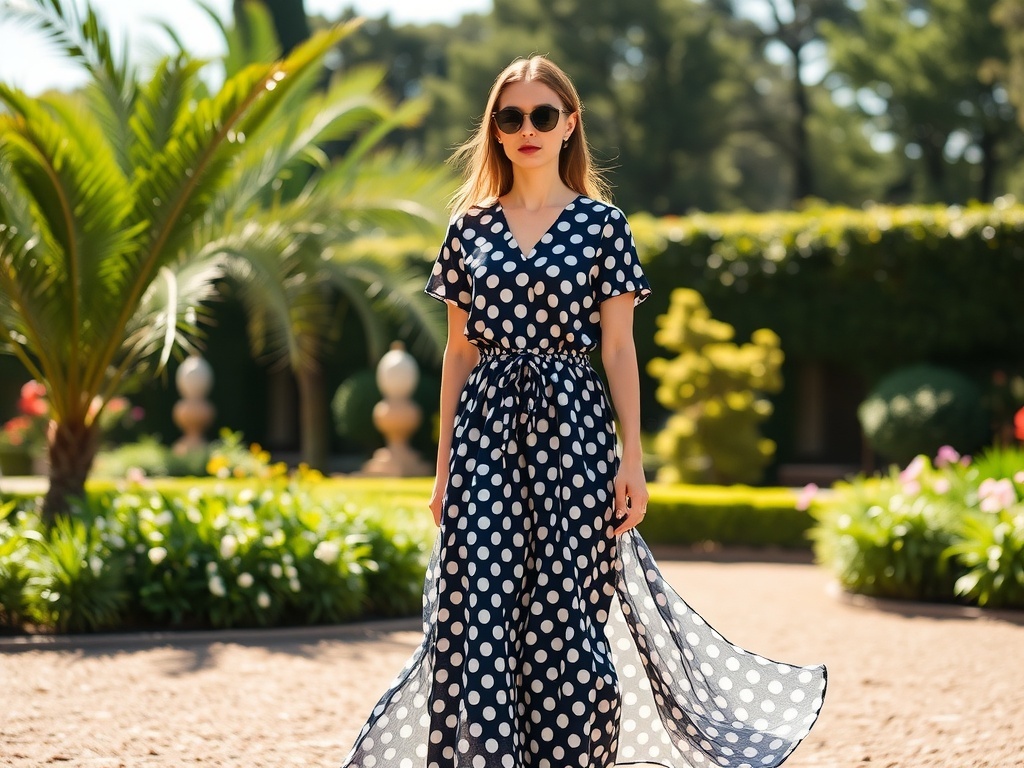 A model wearing a flowy polka dot maxi dress and oversized sunglasses in a garden setting.