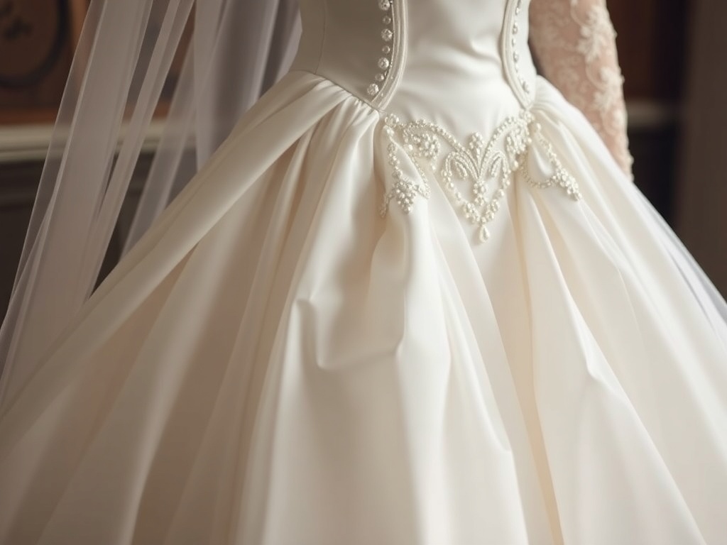 Close-up of a bridal wedding dress featuring an intricate beaded bodice.