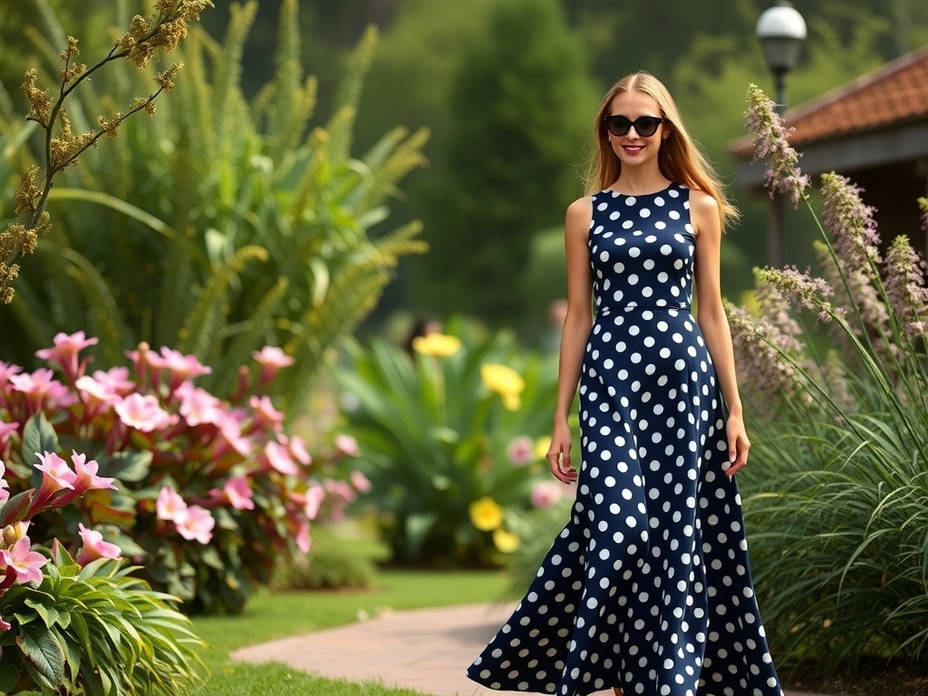 A model wearing a navy polka dot maxi dress, walking through a garden with flowers and greenery.