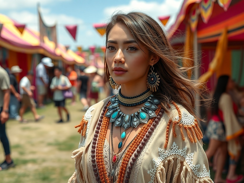 A fashion model wearing a bohemian outfit with layered textures and statement jewelry at a festival.