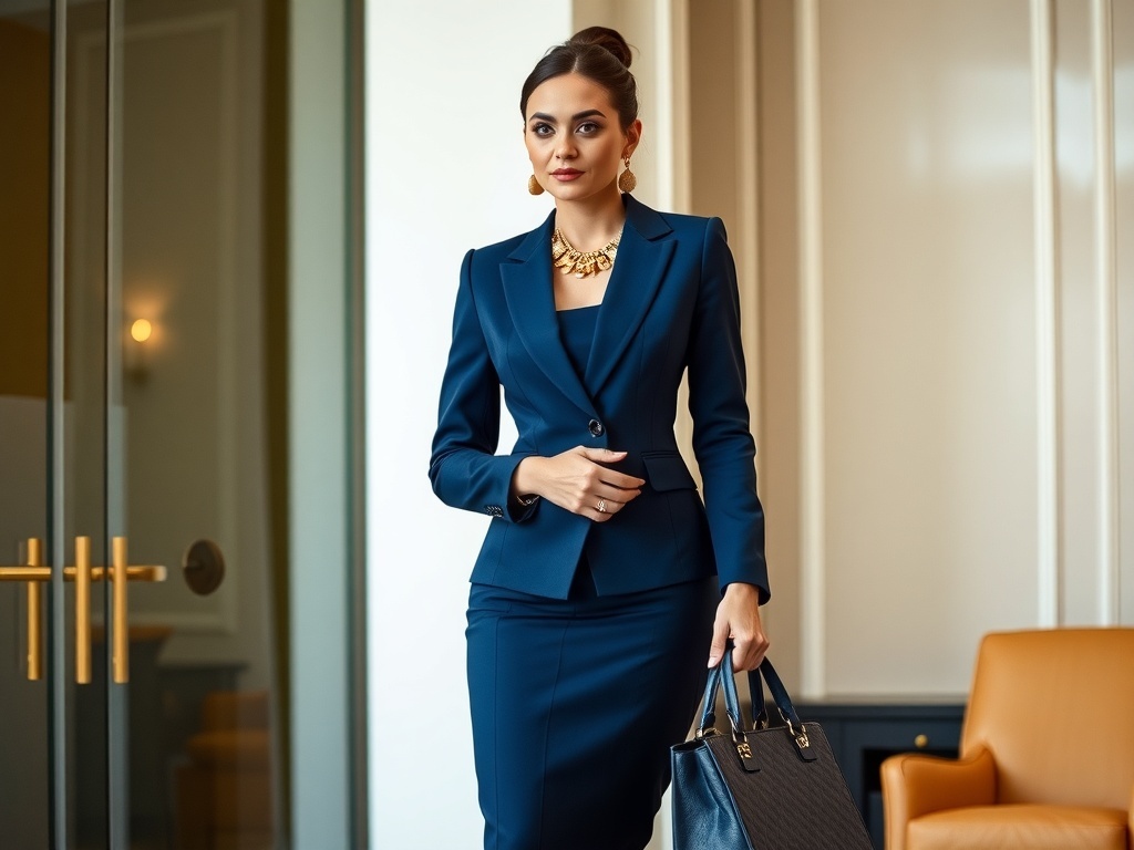 A professional woman in a navy blue suit with statement jewelry and a handbag.